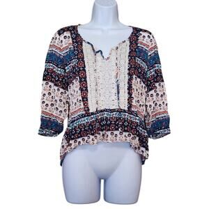 Jolt Womens Pullover Blouse Size S High Low Lace Front 3/4 Sleeve Split Neck Top